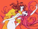  90s arisugawa_juri artist_request curly_hair dancing long_hair looking_at_viewer multiple_girls nude official_art orange_background scan shoujo_kakumei_utena smile spot_color tenjou_utena yuri 