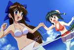  absurdres armpits bikini blue_eyes blush braid breasts brown_hair bun_cover cleavage cloud comp_h's day double_bun frills green_hair hair_ribbon highres holding_hands large_breasts long_hair mei_mei_(nagasarete_airantou) multiple_girls nagasarete_airantou navel non-web_source ocean open_mouth outdoors palm_tree pinup ponytail ribbon scan short_hair side-tie_bikini skirt sky suzu_(nagasarete_airantou) swimsuit tatsuta_shin'ichi tree twin_braids very_long_hair wading water white_bikini 