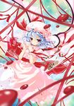  bad_id bad_pixiv_id blood blue_hair blurry checkerboard_cookie chun_(friendly_sky) cookie cup depth_of_field embellished_costume fang floating floating_object food frills hat pink red_eyes remilia_scarlet ribbon short_hair skirt skirt_set smile solo sweets teacup touhou wavy_hair wings 
