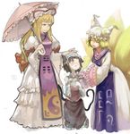  animal_ears blonde_hair brown_hair cat_ears cat_tail chen fox_tail hair_ribbon haruo_(clownberry) hat long_sleeves multiple_girls multiple_tails one_eye_closed parasol petting pillow_hat ribbon short_hair tail tassel touhou umbrella white_background wide_sleeves yakumo_ran yakumo_yukari 