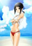  bad_id bad_pixiv_id beach bikini black_hair blush brown_eyes cloud day flat_chest kaga_ai mole mole_under_eye outdoors ponytail sakebuotoko sayonara_zetsubou_sensei short_hair sky solo swimsuit undressing 