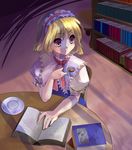  alice_margatroid bad_id bad_pixiv_id blonde_hair book bookshelf brown_eyes capelet cup from_above hairband kobanzame open_book reading short_hair sitting solo table teacup touhou yellow_eyes 