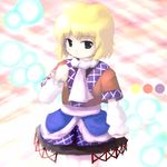  blonde_hair blue_skirt blush cowboy_shot fur_trim green_eyes long_sleeves looking_at_viewer lowres mizuhashi_parsee poncho scarf short_hair skirt solo standing tareme touhou tsubasa_(abchipika) 