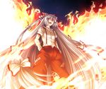  490 fire from_below fujiwara_no_mokou hair_ribbon hands_in_pockets long_hair ofuda red_eyes ribbon solo suspenders touhou very_long_hair white_hair 