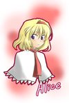  alice_margatroid blonde_hair capelet character_name hairband highres looking_at_viewer purple_eyes red_background short_hair simple_background solo touhou tsukiya_sakumi white_capelet 