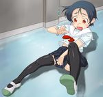  bad_proportions black_legwear blue_hair copyright_request covering covering_crotch pirano red_eyes school_uniform shoes short_hair solo thighhighs uwabaki 