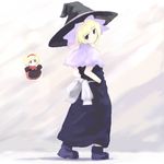  black_dress black_legwear blonde_hair doll dress flying full_body hands_in_pockets hat kirisame_marisa loafers looking_at_viewer lowres puffy_short_sleeves puffy_sleeves shoes short_sleeves size_difference socks solo standing touhou tsubasa_(abchipika) witch_hat 