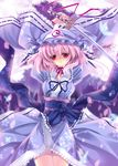  capura_lin hat japanese_clothes katana kimono pink_hair ribbon saigyouji_yuyuko short_hair solo sword touhou weapon 