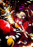  1girl battle blonde_hair crossover crystal demon_wings dress fire flame flandre_scarlet holding mcdonald's one_side_up red_dress ronald_mcdonald shaded_face stick tamaki_fuyu touhou vampire wings 
