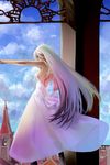  bad_id bad_pixiv_id cityscape cloud copyright_request day dress ikuhana_niiro multicolored_hair red_eyes scenery see-through silver_hair sky solo 
