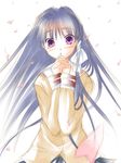  blush clannad fujibayashi_kyou hands_clasped hikarizaka_private_high_school_uniform long_hair own_hands_together petals purple_eyes purple_hair school_uniform sketch solo tears touno_yuika 