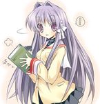  1girl blush book clannad fujibayashi_kyou hair_intakes hair_ribbon hikarizaka_private_high_school_uniform okazaki_tomoya paco photo_(object) purple_eyes purple_hair ribbon school_uniform solo 