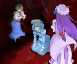  alice_margatroid backpack bag blonde_hair blue_eyes blue_hair blush bow capelet crossed_arms darkness dress hair_bobbles hair_ornament hairband hat jealous kawashiro_nitori key kneeling long_hair mob_cap multiple_girls patchouli_knowledge purple_hair short_hair smile touhou two_side_up 