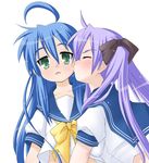  ahoge blue_hair closed_eyes eunos green_eyes hiiragi_kagami izumi_konata kiss lucky_star mole mole_under_eye multiple_girls purple_hair school_uniform yuri 