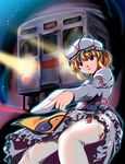  blonde_hair ground_vehicle night night_sky pointing sky solo star_(sky) starry_sky thighhighs touhou train yakumo_yukari yamaguchi_yuu 