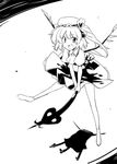  :d ascot crystal flandre_scarlet full_body greyscale hat holding kiku_hitomoji looking_at_viewer mob_cap monochrome one_side_up open_mouth riding simple_background smile solo stick touhou white_background wings 