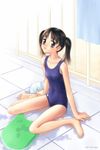  barefoot brown_eyes brown_hair copyright_request dktaka feet hands_on_feet kickboard one-piece_swimsuit school_swimsuit sitting solo swimsuit twintails wariza wet 