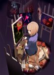  apple art_brush bad_id bad_pixiv_id brown_hair canvas_(object) cow_skull drawing easel food fruit highres kacchuu original paint paintbrush painting palette purple_eyes sitting skirt skull solo stool thighhighs 