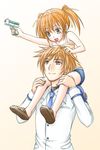  1girl brother_and_sister carrying child hanemura_(hinonoka) lyrical_nanoha mahou_shoujo_lyrical_nanoha_strikers military military_uniform orange_hair shoulder_carry siblings teana_lanster tiida_lanster tsab_air_military_uniform uniform 