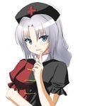  alternate_color bad_id bad_pixiv_id blue_eyes blush cross dress grey_hair hat long_hair looking_at_viewer nurse_cap puffy_short_sleeves puffy_sleeves puranaria short_sleeves silver_hair simple_background smile solo touhou upper_body yagokoro_eirin 