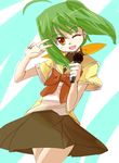  ;d \m/ ahoge blue_background bow bowtie braid brown_skirt cowboy_shot green_hair head_tilt looking_at_viewer macross macross_frontier microphone one_eye_closed open_mouth orange_bow orange_neckwear pose ranka_lee red_eyes short_hair simple_background single_braid skirt smile solo tonton_(hamuni123) 