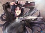  arms_up artist_request black_hair blade bullet_butlers collar facial_mark grin gun gunblade handgun highres long_hair ornate red_eyes revolver runes selma_fortenmayer slit_pupils smile solo trigger_discipline wallpaper weapon 