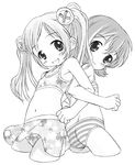  ass back-to-back bikini blush child copyright_request flat_chest greyscale kawanishi_yuuji locked_arms long_hair monochrome multiple_girls short_hair smile striped striped_bikini swimsuit twintails 