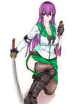  blush boots breasts busujima_saeko cleavage covered_nipples highschool_of_the_dead large_breasts long_hair purple_hair scharfschutze school_uniform smile solo sword thighhighs weapon 