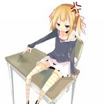  angry desk graffiti kanikama marui_mitsuba mitsudomoe solo striped striped_legwear thighhighs zettai_ryouiki 