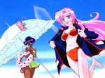  90s artist_request bikini chu_chu_(shoujo_kakumei_utena) glasses himemiya_anthy multiple_girls official_art scan shoujo_kakumei_utena swimsuit tenjou_utena umbrella undressing 