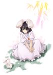  animal_ears bamboo black_hair brown_eyes bunny bunny_ears dress hands highres inaba_tewi jewelry outstretched_hand pendant simple_background sitting solo touhou tsukinami_kousuke v_arms 