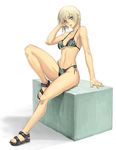  adjusting_hair bikini blonde_hair box green_eyes legs muscle on_box original ran'ou_(tamago_no_kimi) sandals short_hair side-tie_bikini sitting sitting_on_box solo swimsuit 