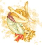  animal_ears barefoot blonde_hair bow feet fetal_position fox_ears fox_tail full_body hair_bow hair_ornament legs lying miniskirt original plantar_flexion pleated_skirt sakamoto_atsumu short_hair skirt solo tail upside-down yellow_eyes 