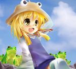  :d absurdres arm_support arm_up bad_id bad_pixiv_id blonde_hair blush cloud day eyes frog hair_ribbon hand_on_head hand_on_headwear happy hat highres moriya_suwako open_mouth ribbon short_hair sitting sky smile solo taicho128 touhou yellow_eyes 