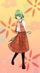  ascot black_legwear blue_eyes closed_umbrella green_hair kazami_yuuka one-eyed pantyhose plaid plaid_skirt plaid_vest ruit short_hair skirt skirt_set smirk solo touhou umbrella vest 