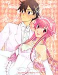  1girl amano_yukiteru bride dress elbow_gloves gasai_yuno gloves highres kouga_yun long_hair mirai_nikki pink_hair red_eyes wedding_dress 