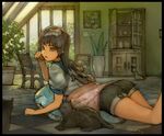  ass bad_id bad_pixiv_id brown_eyes brown_hair cabinet cat chair checkered dishes indoors lying on_floor on_stomach original pillow plant potted_plant room shorts solo table taiki_(luster) tree window 