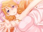  bed blush breasts carry_me drill_hair impossible_towel large_breasts long_hair love_&amp;_dead lying naked_towel orange_hair pink_towel purple_eyes solo towel wamusato_haru wet 
