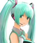  detached_sleeves face green_eyes green_hair hair_ribbon hatsune_miku headset kamdia long_hair necktie ribbon simple_background sleeves_past_wrists solo twintails very_long_hair vocaloid 