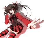 black_hair breasts chu jacket long_sleeves looking_at_viewer medium_breasts original outstretched_arm plaid plaid_skirt pleated_skirt red_eyes red_skirt short_hair simple_background skirt solo striped striped_legwear thighhighs track_jacket twintails v white_background zettai_ryouiki 