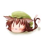  animal_ears blush brown_eyes brown_hair cat_ears cat_tail chen earrings hat jewelry lowres mob_cap multiple_tails no_humans open_mouth scarlet_(studioscr) simple_background single_earring solo tail touhou yukkuri_shiteitte_ne |_| 