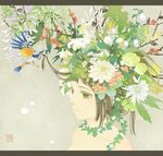  ame_(conronca) bird flower green_eyes hair_flower hair_ornament leaf original robot solo 