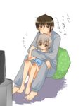  1girl between_breasts breasts brown_hair contemporary eryu height_difference hug kyon long_sleeves looking_at_viewer nagato_yuki short_hair silver_hair simple_background sitting suzumiya_haruhi_no_yuuutsu sweater television white_background 