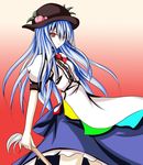  blue_skirt bow bowtie center_frills closed_mouth cowboy_shot expressionless food fruit gradient gradient_background hat hinanawi_tenshi holding long_hair looking_at_viewer looking_back peach puffy_short_sleeves puffy_sleeves rainbow_order red_bow red_eyes red_neckwear shirt short_sleeves silver_hair skirt solo stick touhou white_shirt 