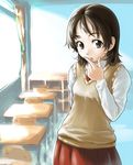  :o brown_eyes brown_hair classroom desk indoors original pirano school_desk school_uniform solo sweater_vest 