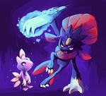  action alternate_color arm_support arm_up bad_deviantart_id bad_id claws commentary creature fang full_body gen_2_pokemon gen_4_pokemon glitchedpuppet height_difference highres ice looking_at_viewer looking_up no_humans pokemon pokemon_(creature) red_eyes shiny_pokemon signature sneasel weavile 