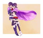  1boy 1girl belt black_hair boots brother_and_sister brown_background cape elbow_gloves frills gloves leon_magnus midriff open_mouth pants purple_eyes rutee_katrea shoes short_hair short_shorts shorts siblings smile tales_of_(series) tales_of_destiny thighhighs 