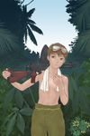  cigarette goggles gun highres imperial_japanese_army jungle military military_uniform nature original palm_tree sino_(mechanized_gallery) solo sweat topless towel tree type_96_light_machine_gun uniform weapon 