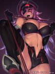  bare_shoulders belt blush bracelet breasts cleavage copyright_name dark_skin demon_girl demon_horns earrings elbow_gloves eyepatch gloves hat horns iris_beresford jewelry junketsu_duelion large_breasts long_hair navel official_art open_mouth piercing pink_hair red_eyes sethxzoe short_shorts shorts solo spiked_bracelet spikes strapless teeth thighhighs tongue_piercing translated tubetop whip 