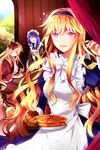 ^_^ apron arm_up blonde_hair blue_hair cinia_pacifica closed_eyes curtains dress food hairband holding japanese_clothes kimono kojawra linia_pacifica long_hair lowres maid multiple_girls open_mouth pie plate red_eyes seron sitting smile sword_girls very_long_hair wavy_hair 